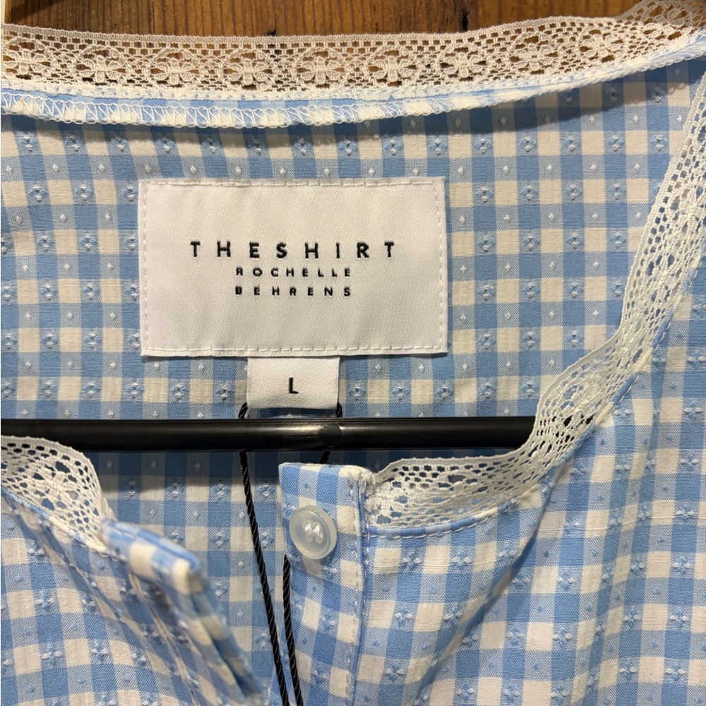 The Shirt by Rochelle Behrens Light Blue & White Gingham Lace-Trim Blouse - Picture 2 of 6